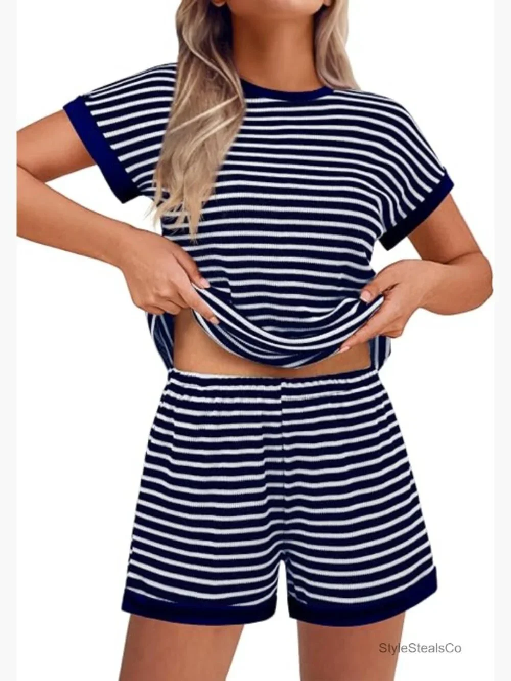 2 Piece Shorts Set Women Summer Lounge Matching T Shirt Short Set Knit